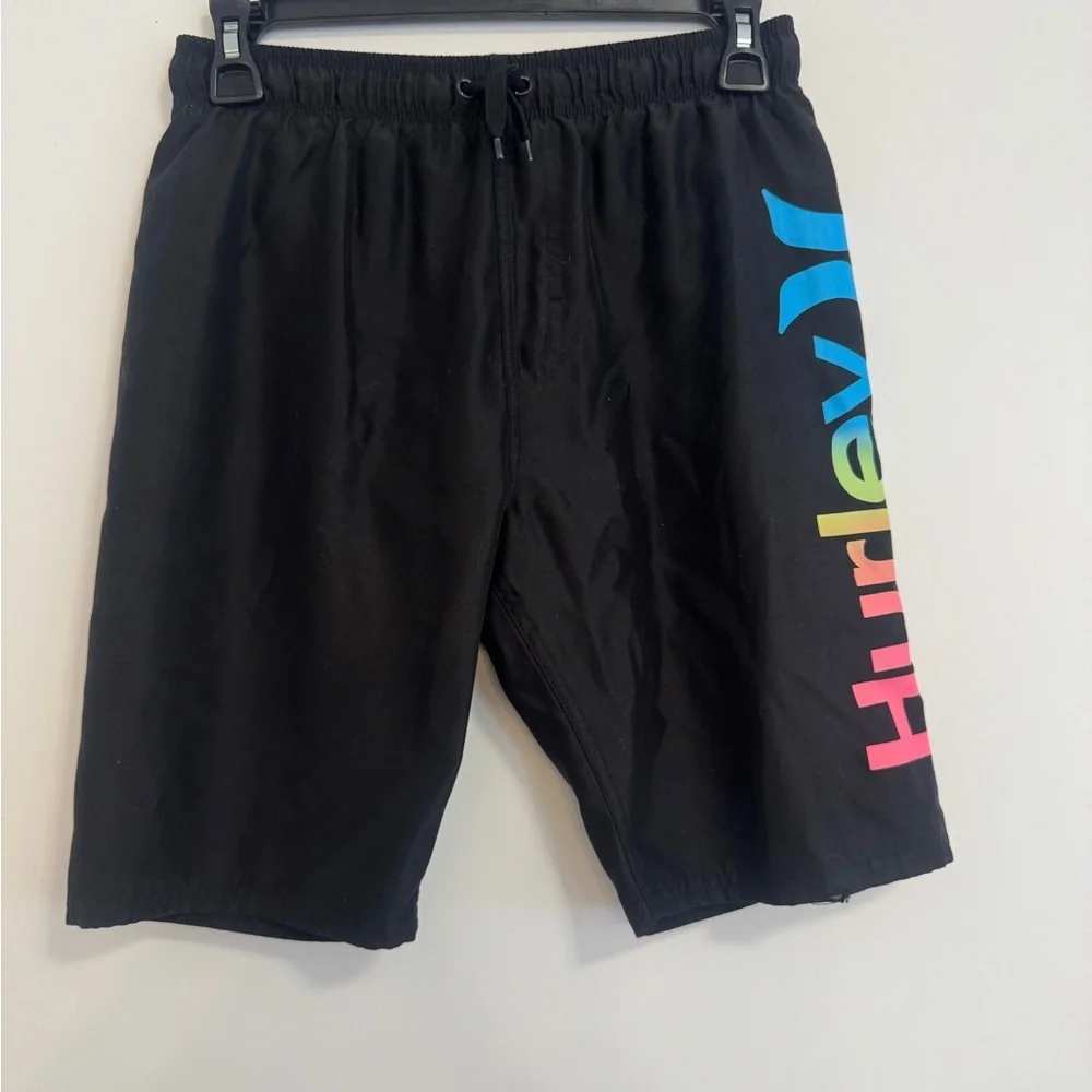 Hurley Black Swim Trunks with Blue, Green & Pink Logo
